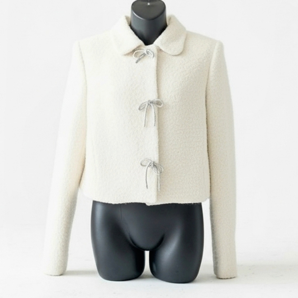 Zara Elegant Cream Women's Tweed Jacket With Rhinestone Bow Buttons